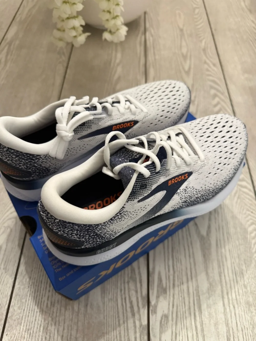 Brooks White and Navy Running Shoes with Orange Logo Accents